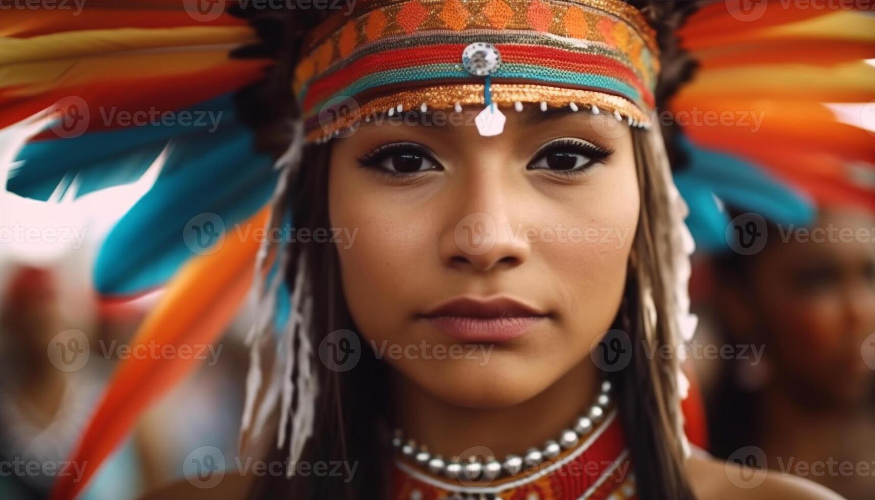 uma jovem indígena mulher dentro tradicional roupas sorridente às Câmera gerado de ai foto