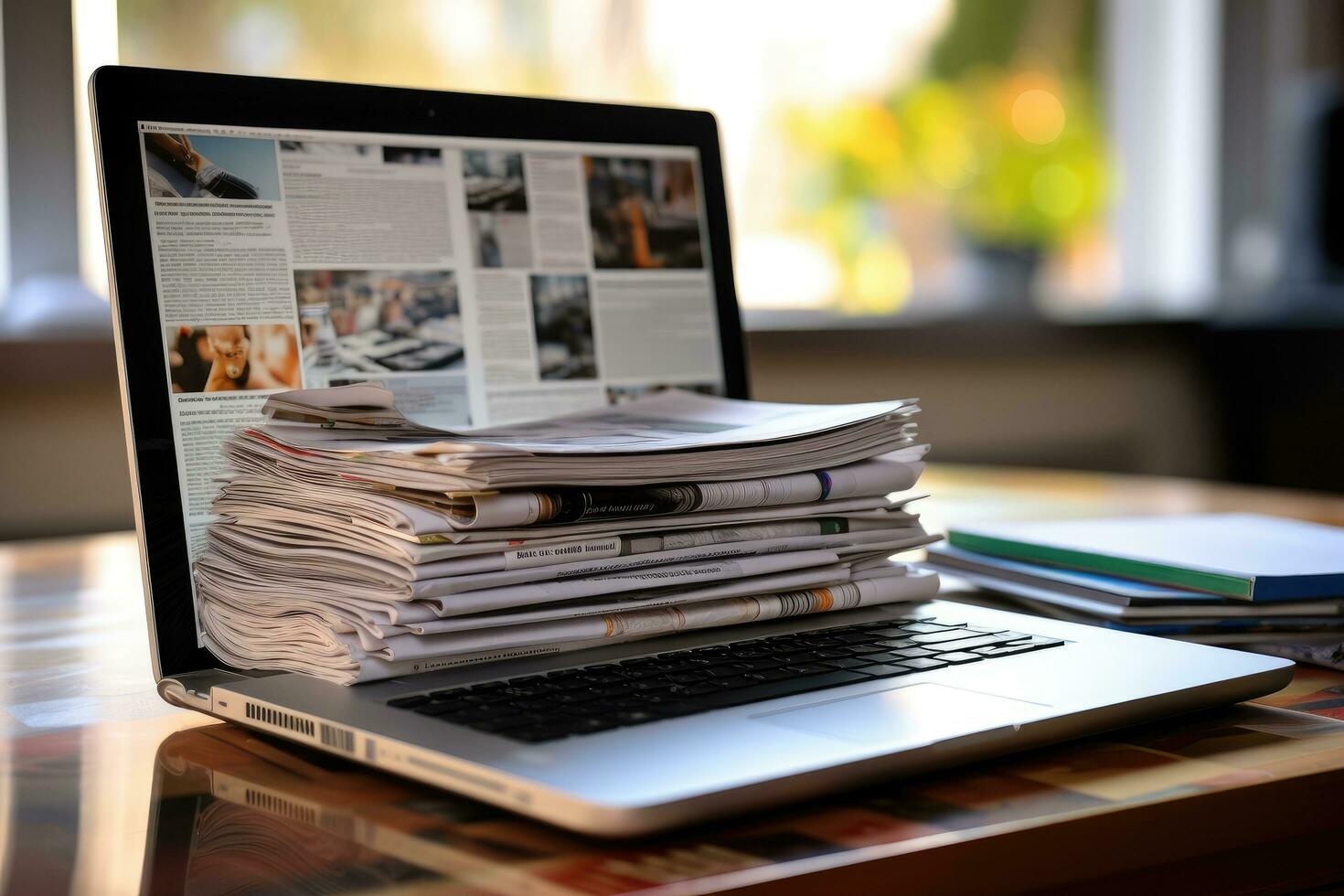 computador portátil com pilha do jornais em a mesa dentro a escritório, computador portátil e jornais em a mesa, fechar-se. o negócio conceito, ai gerado foto