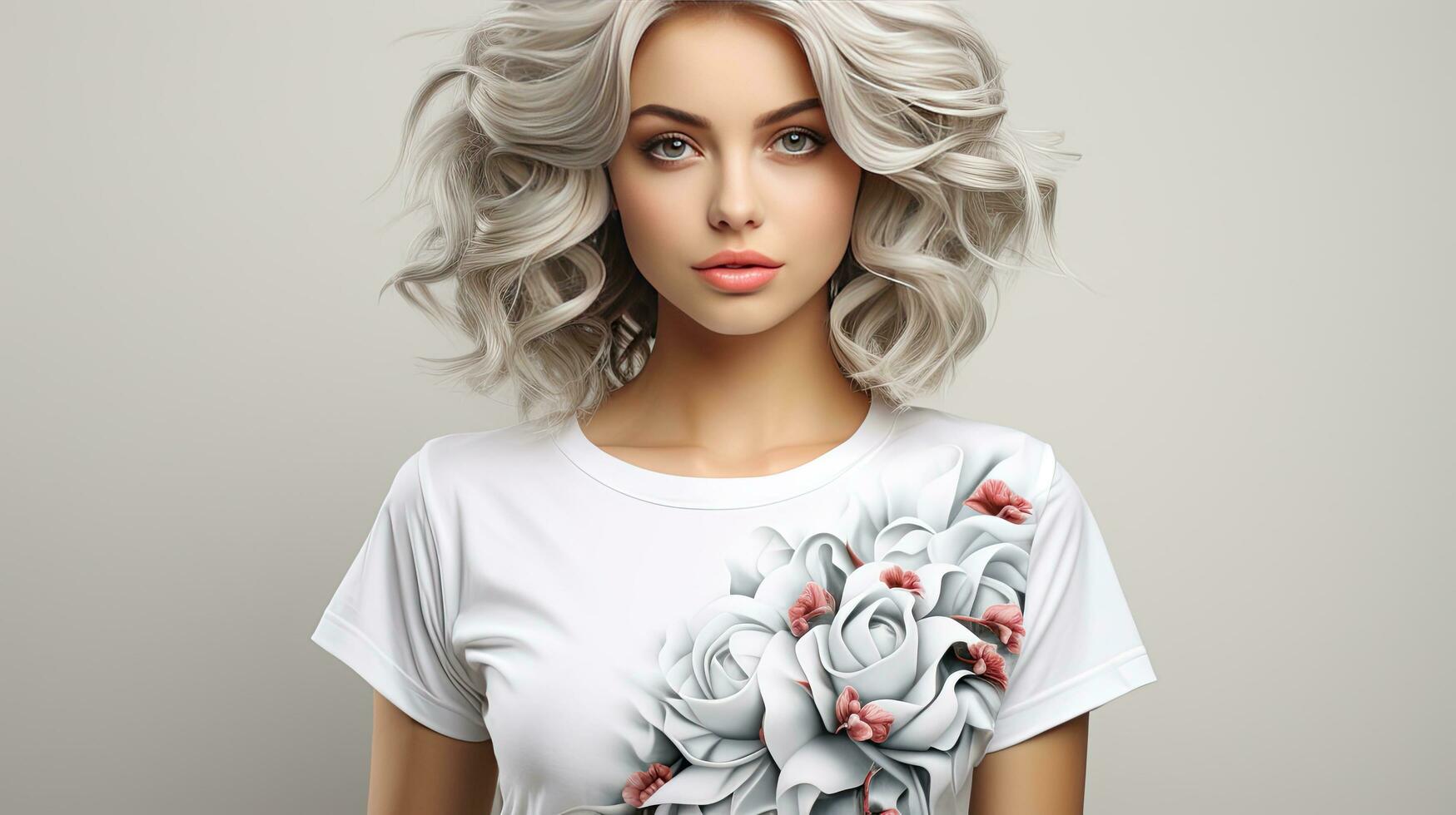 lindo jovem mulher em uma cinzento fundo dentro uma branco camiseta foto