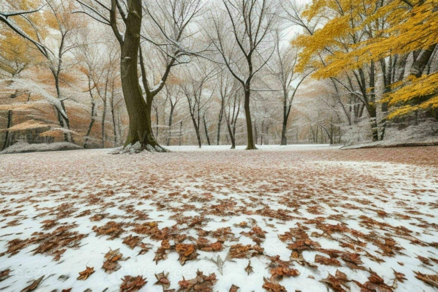 caído folhas dentro Nevado floresta parque. fundo. ai generativo pró foto