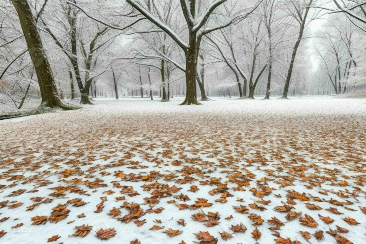 caído folhas dentro Nevado floresta parque. fundo. ai generativo pró foto