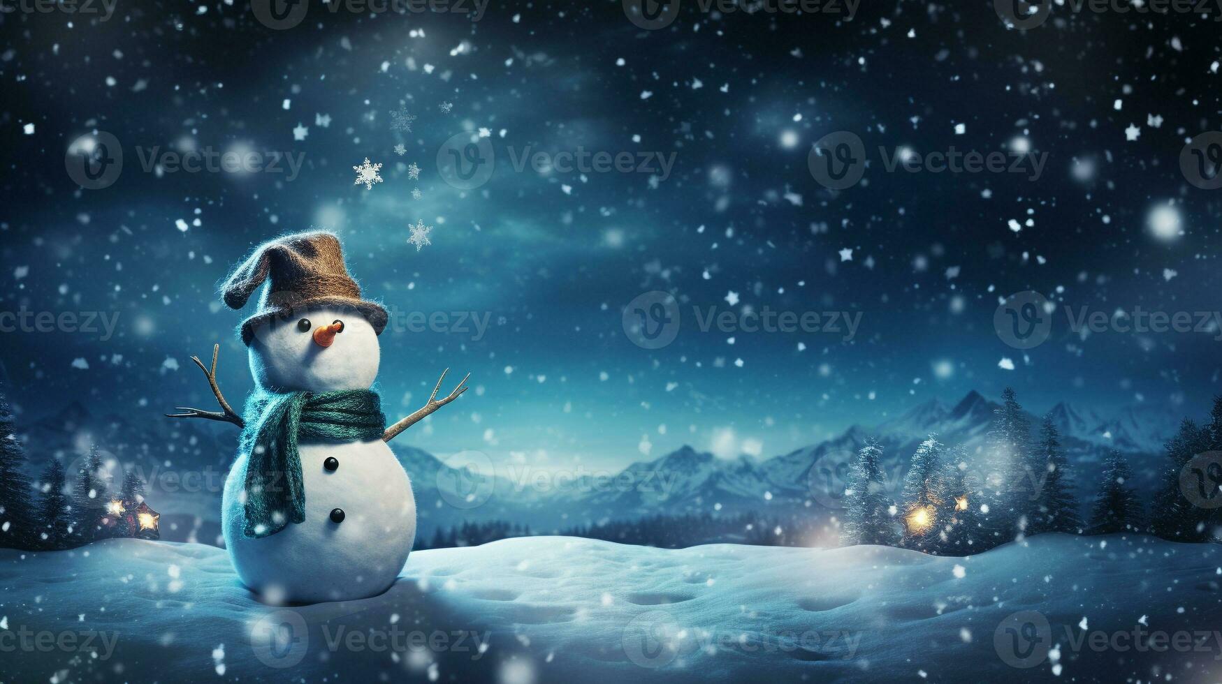 boneco de neve dentro Nevado inverno noite com lindo azul céu fundo para festivo feriado decoração. generativo ai foto