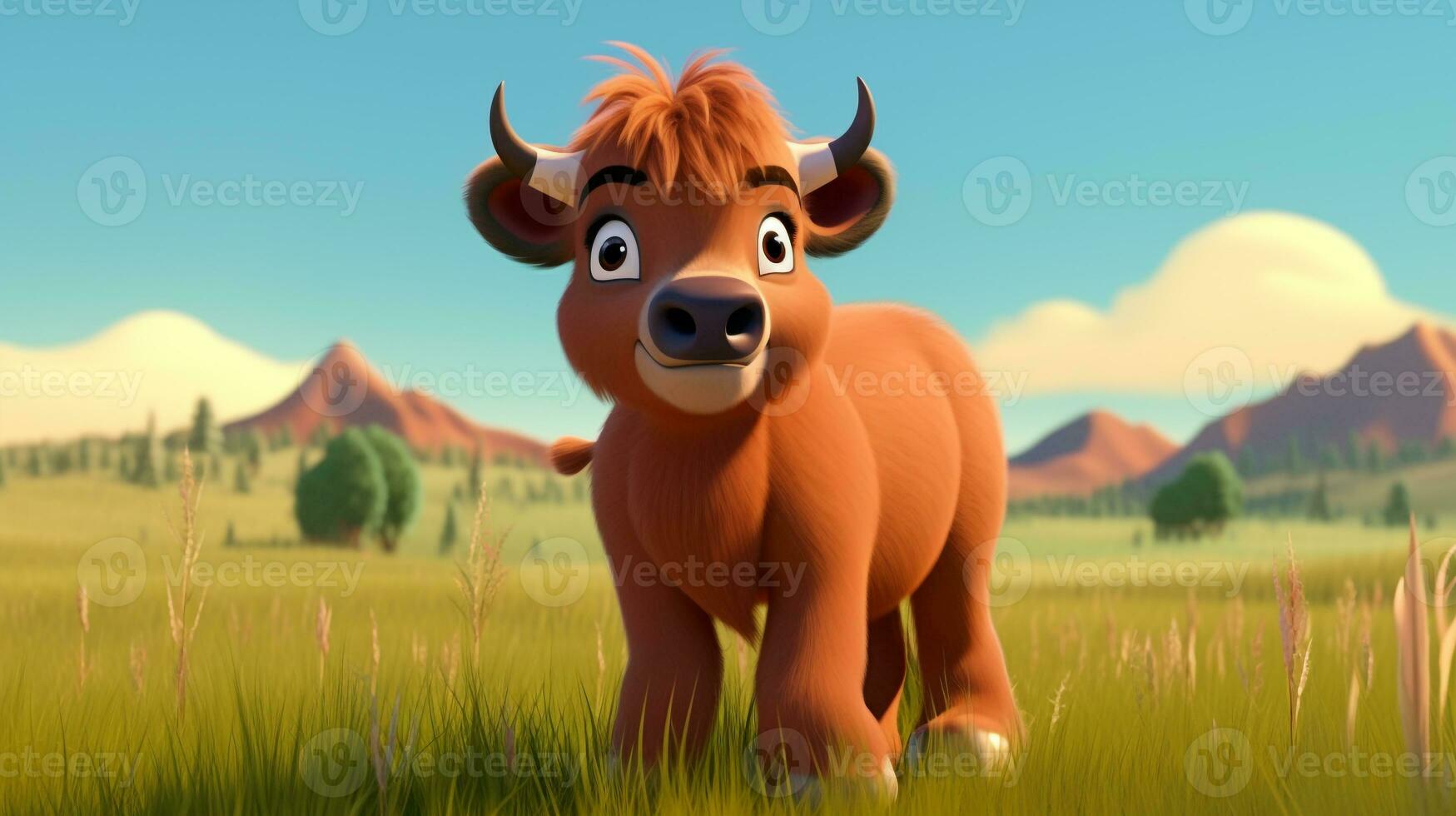 uma fofa pequeno búfalo dentro Disney desenho animado estilo. generativo ai foto