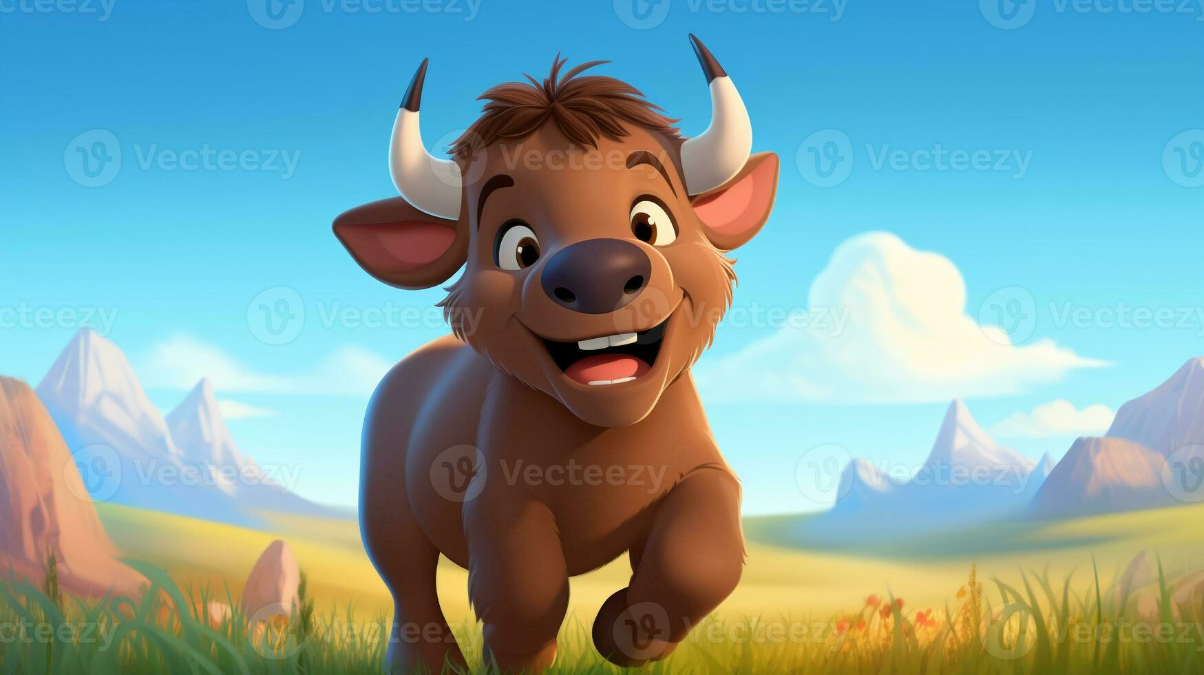 uma fofa pequeno búfalo dentro Disney desenho animado estilo. generativo ai foto