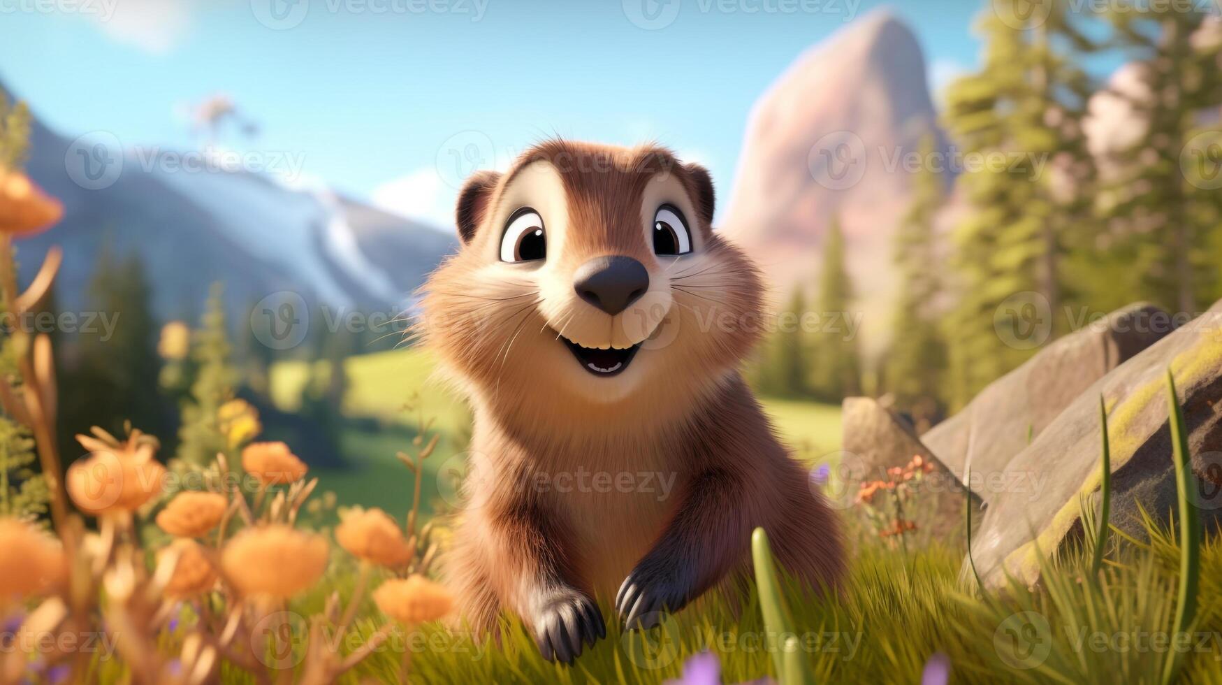 uma fofa pequeno marmota dentro Disney desenho animado estilo. generativo ai foto