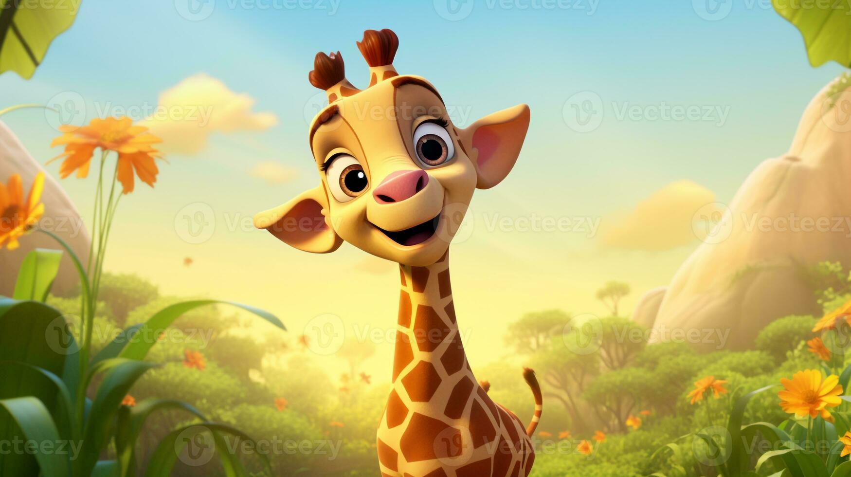 uma fofa pequeno girafa dentro Disney desenho animado estilo. generativo ai foto