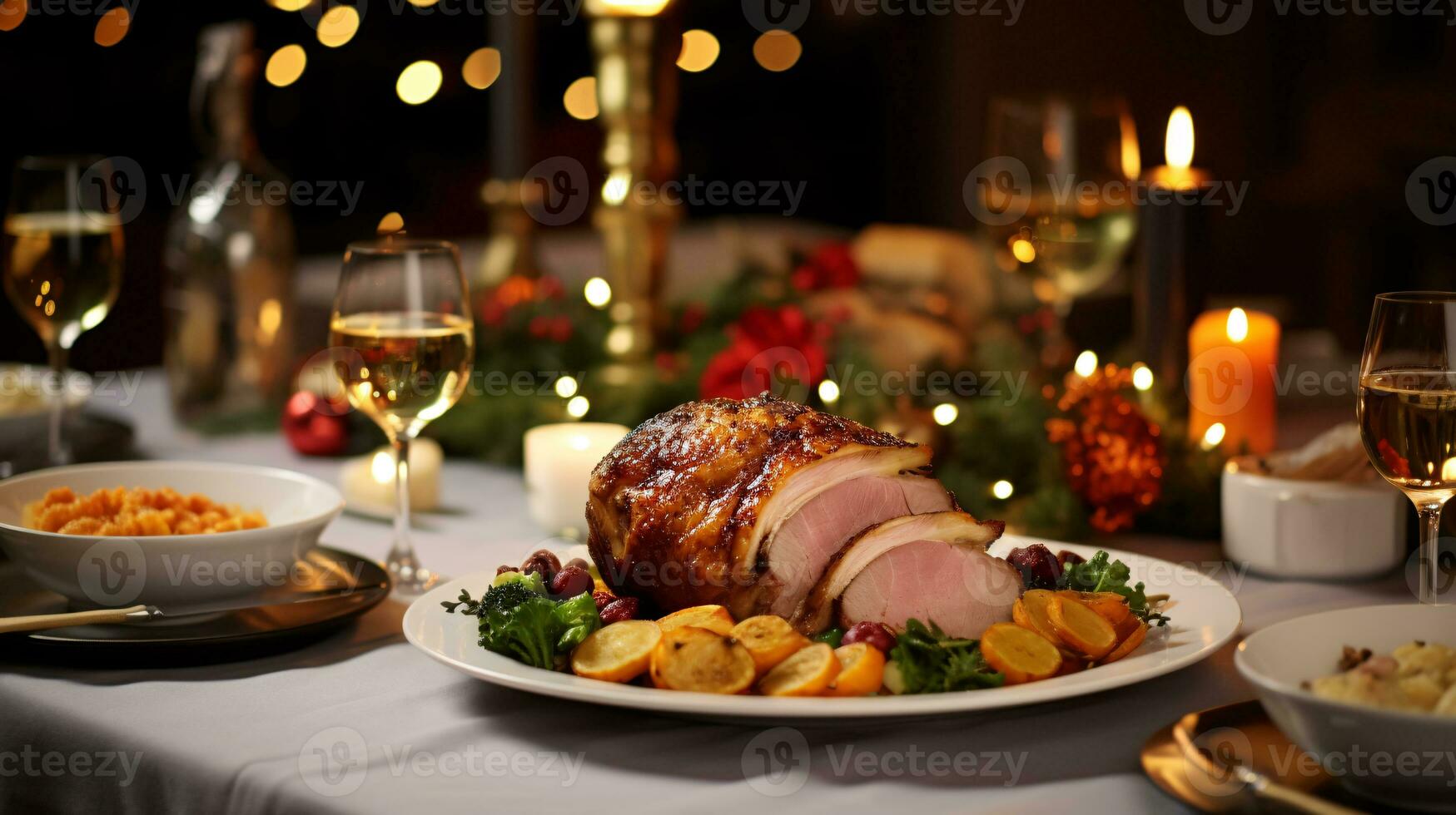 ai generativo Natal jantar mesa, belas decorado com cremoso bokeh Natal luzes dentro a fundo foto