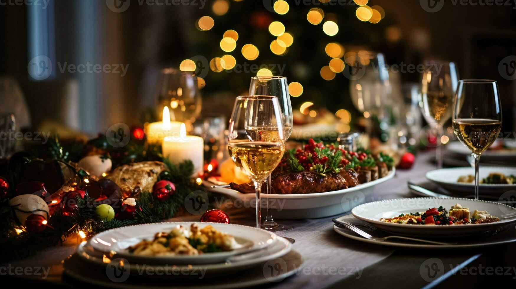 ai generativo Natal jantar mesa, belas decorado com cremoso bokeh Natal luzes dentro a fundo foto