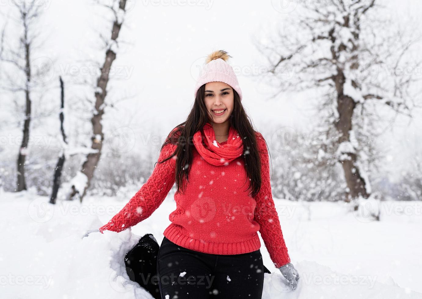 retrato de uma bela jovem sorridente no inverno ao ar livre foto