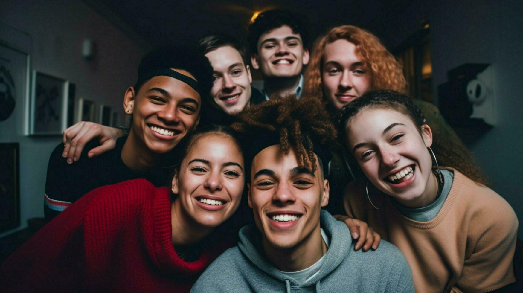 uma grupo do jovem adultos dentro de casa sorridente olhando às Câmera foto