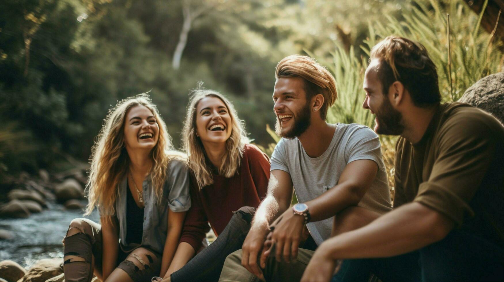 uma grupo do jovem adultos sorridente ao ar livre desfrutando natureza foto