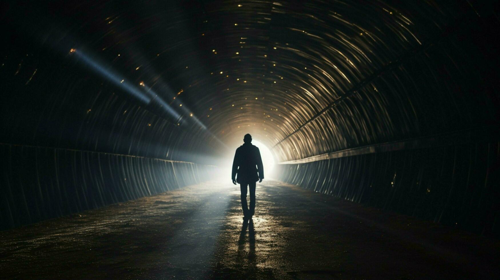 uma homem anda em através uma túnel com uma luz em a teto foto