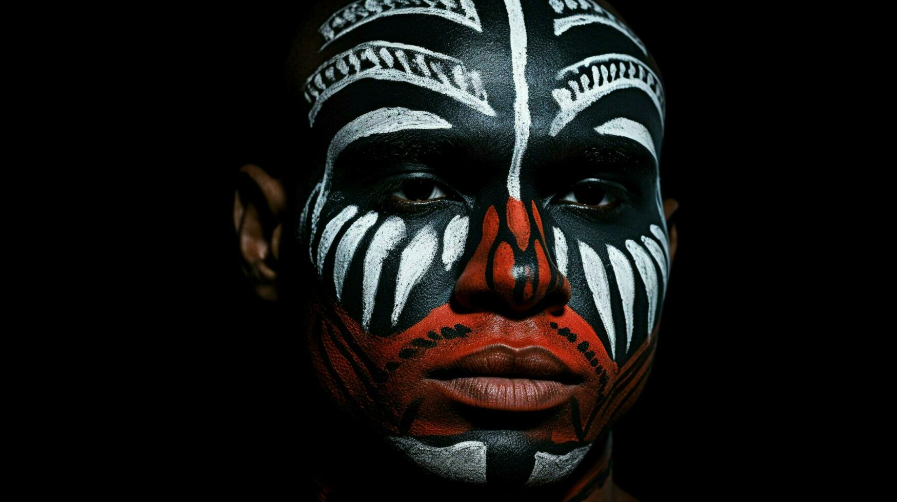 uma homem com uma pintado face e uma Preto fundo foto