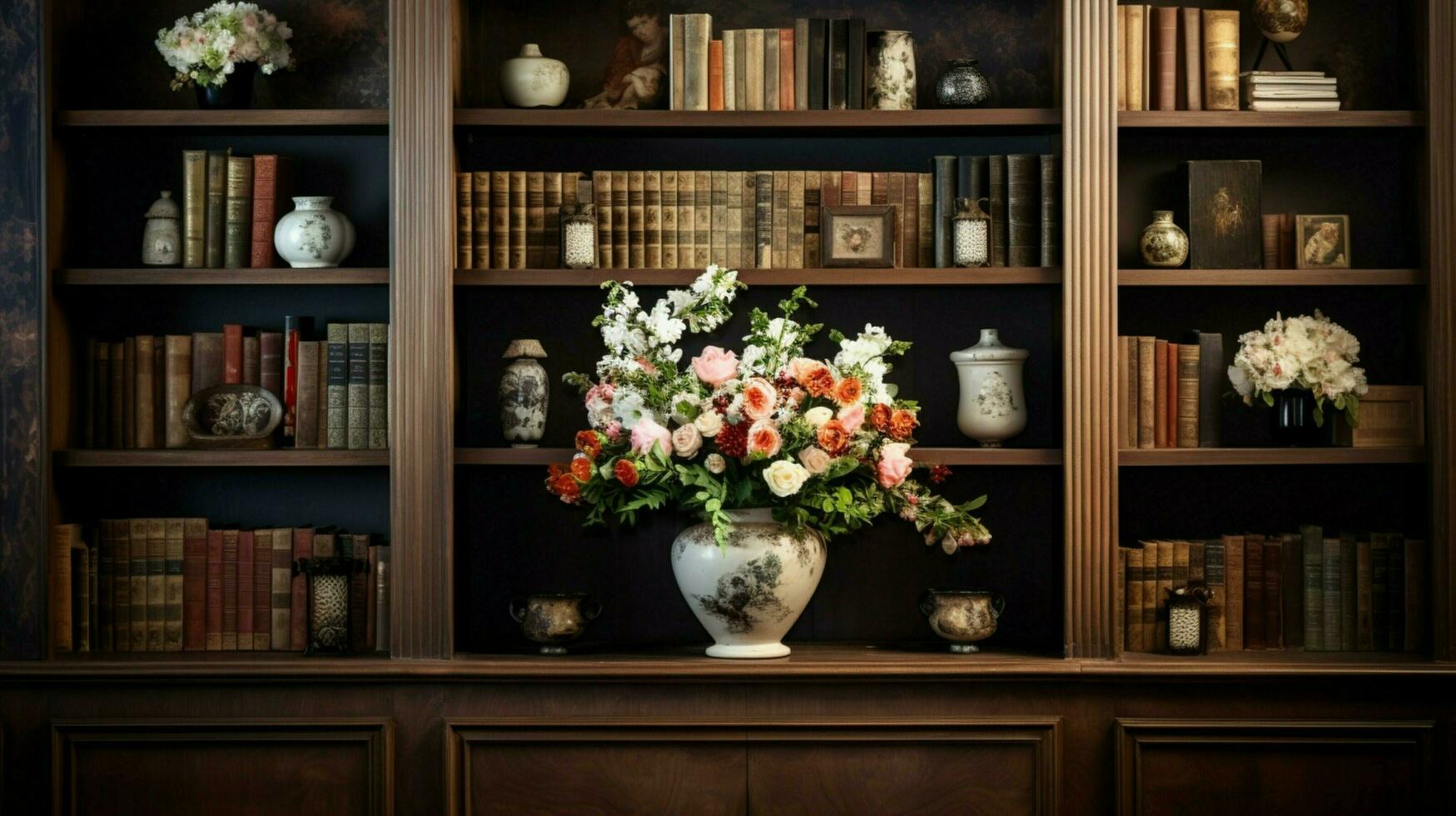 Antiguidade estante de livros com vaso do flores dentro moderno vivo foto