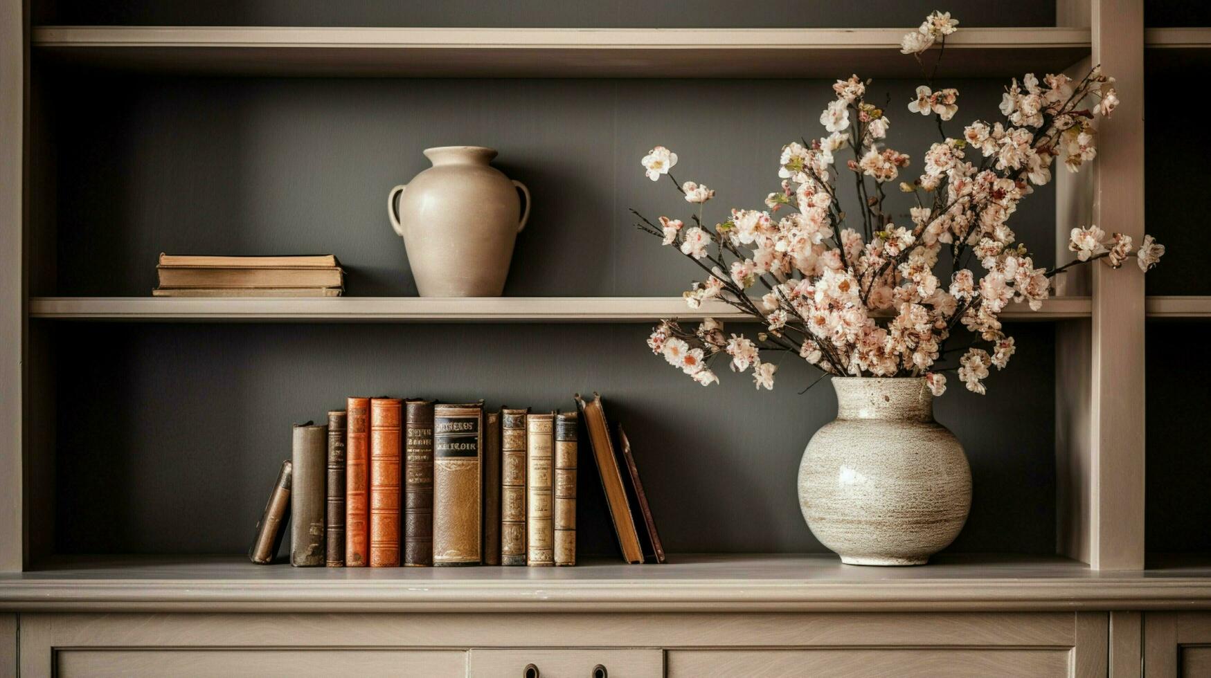 Antiguidade estante de livros com vaso do flores dentro moderno vivo foto