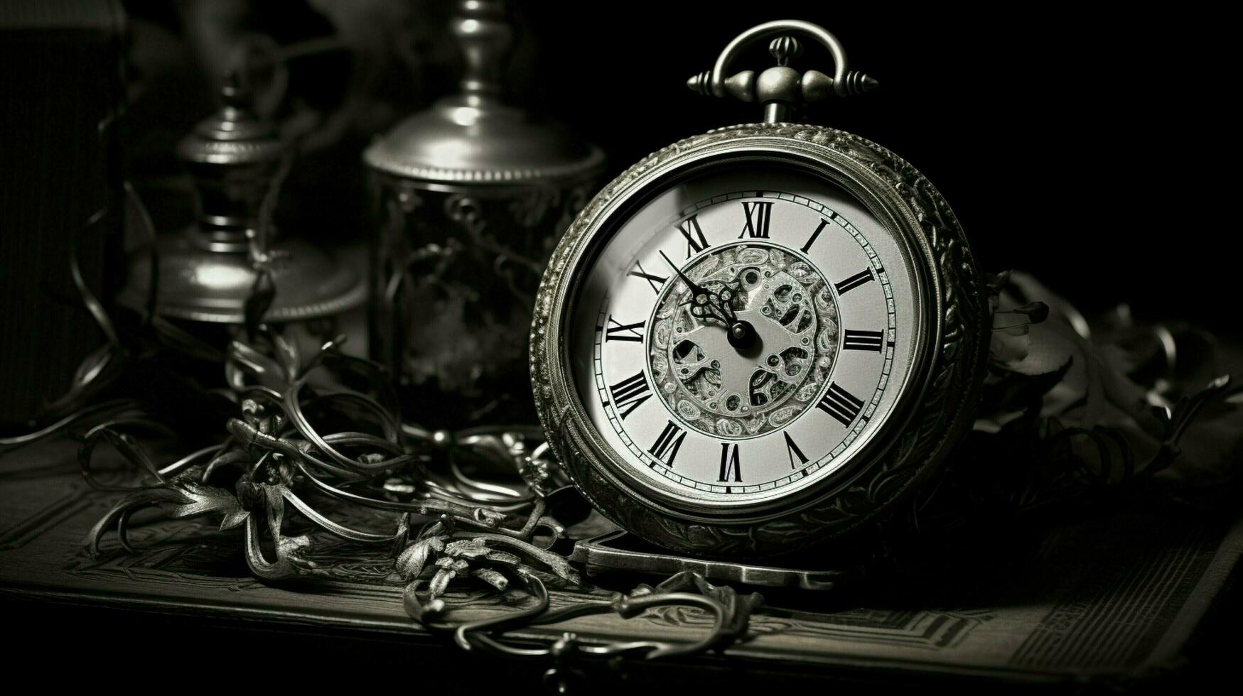 Antiguidade relógio face Preto e branco ainda vida foto