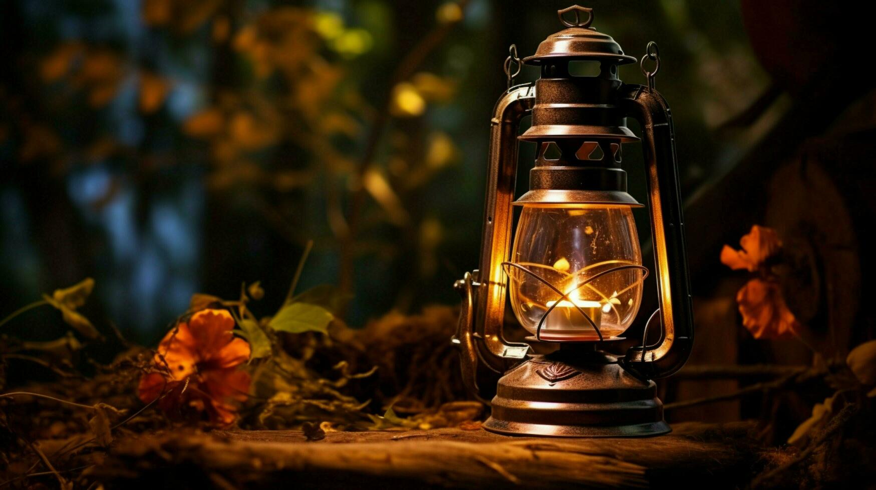 Antiguidade lanterna brilhando com querosene chama ao ar livre foto