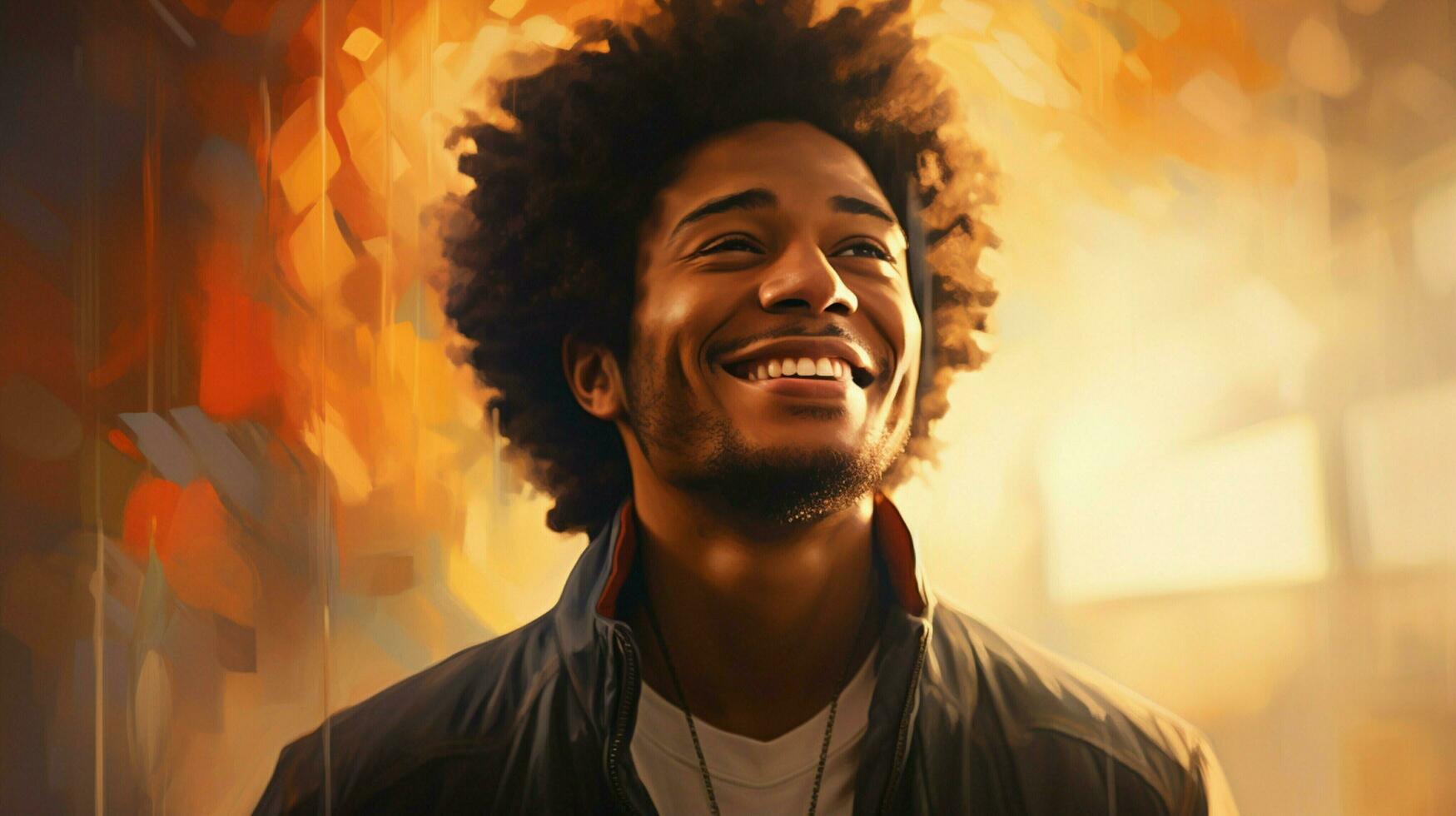 confiante jovem homem com afro sorridente dentro foto