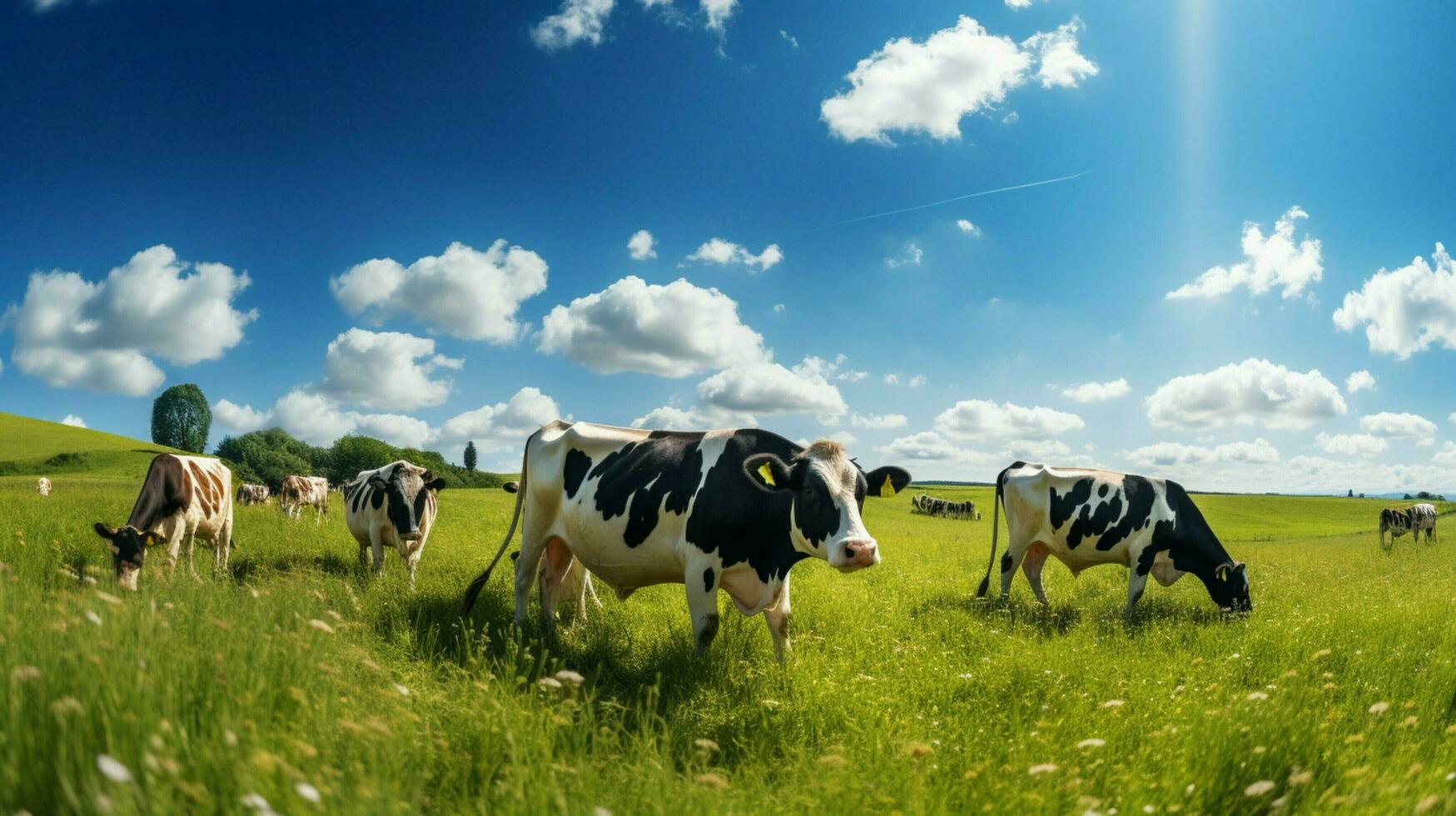 laticínios vaca grupo pastar dentro orgânico Prado foto