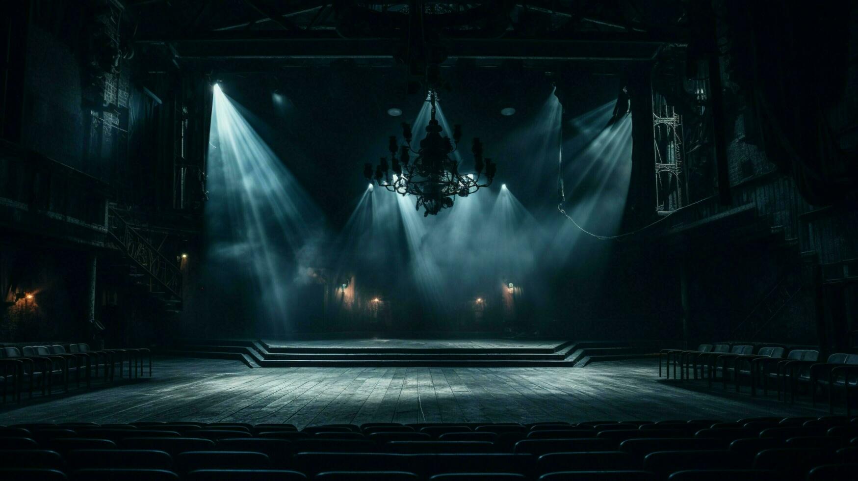 Sombrio etapa dentro velho teatro iluminado de equipamento foto