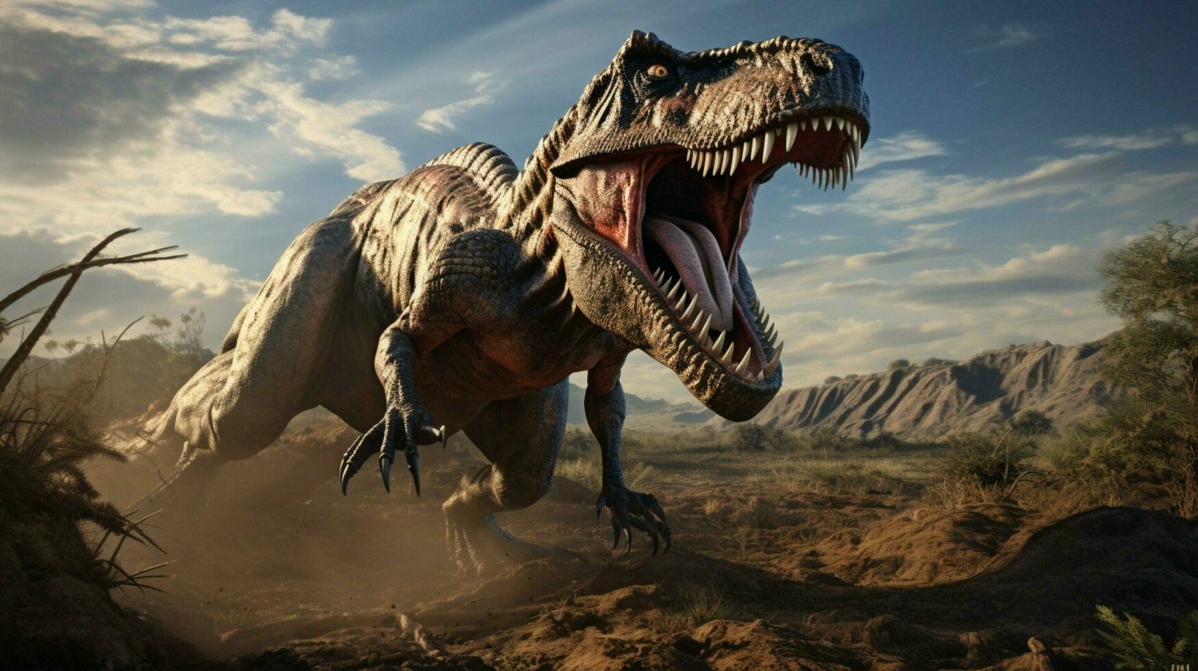 dinossauro ruge ferozmente dentro a pré-histórico panorama foto
