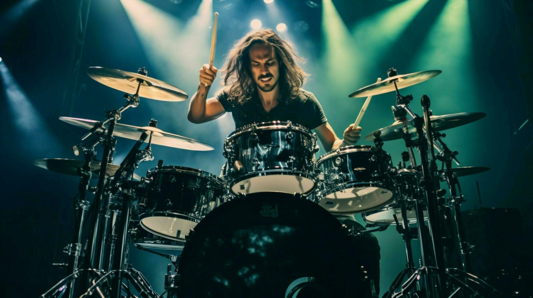 baterista habilmente tocam metal tambor kit no palco foto