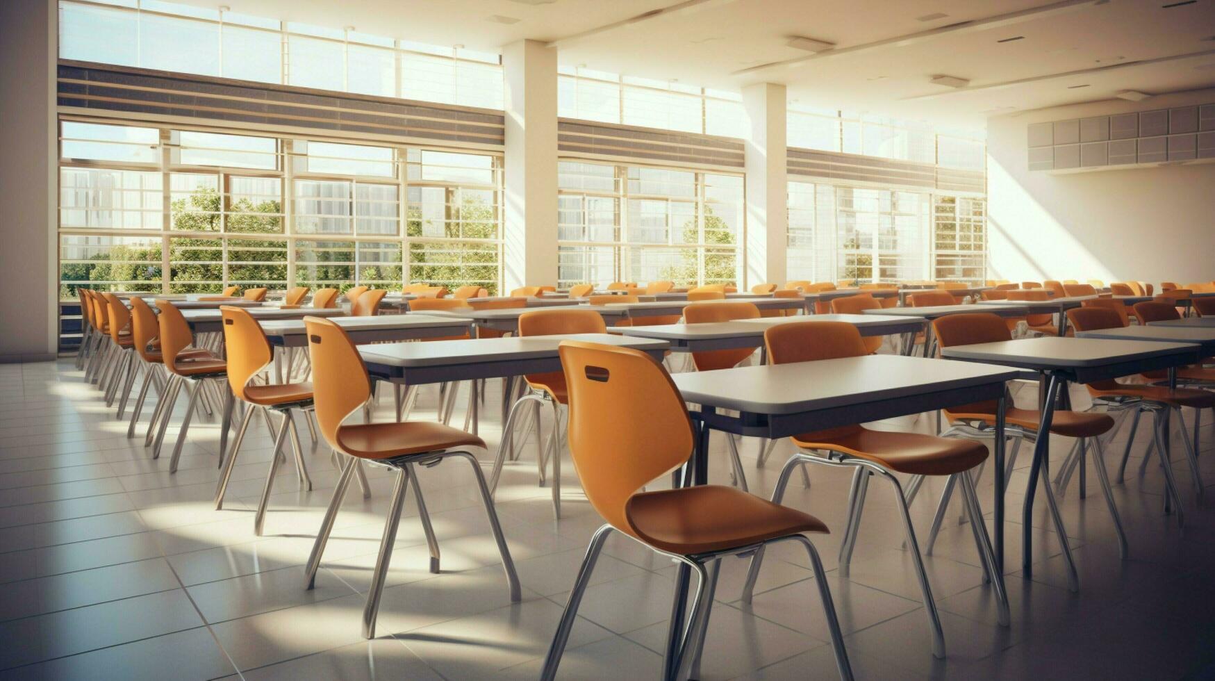 esvaziar Sala de aula com moderno cadeiras e mesas foto