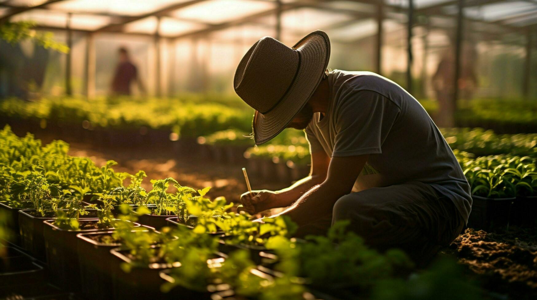 Fazenda trabalhador plantio Novo vida dentro estufa foto