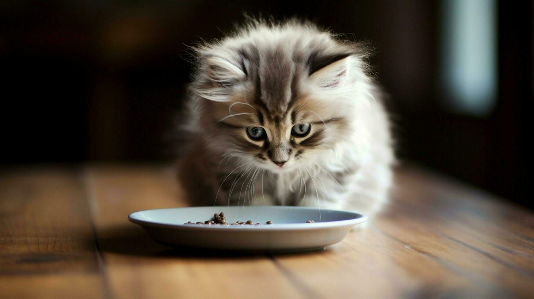 fofo gatinho comendo a partir de pires em de madeira mesa dentro de casa foto