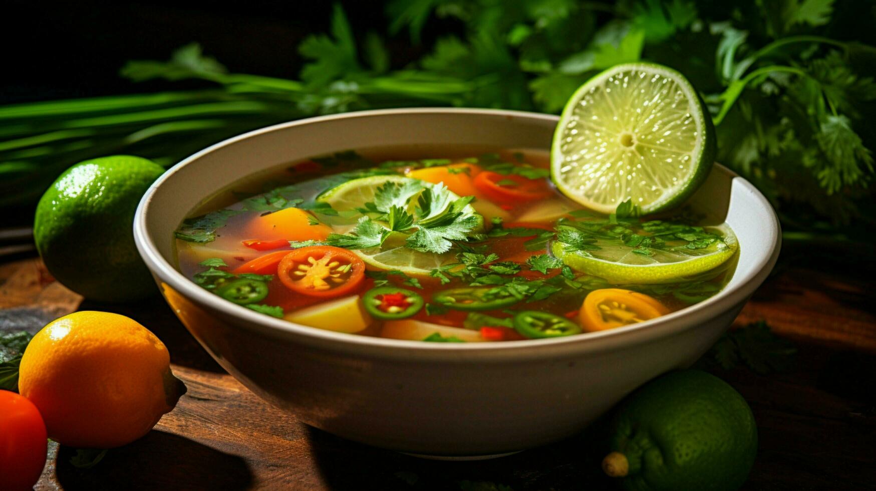 fresco vegetal sopa dentro uma tigela enfeitado com Lima fatia foto