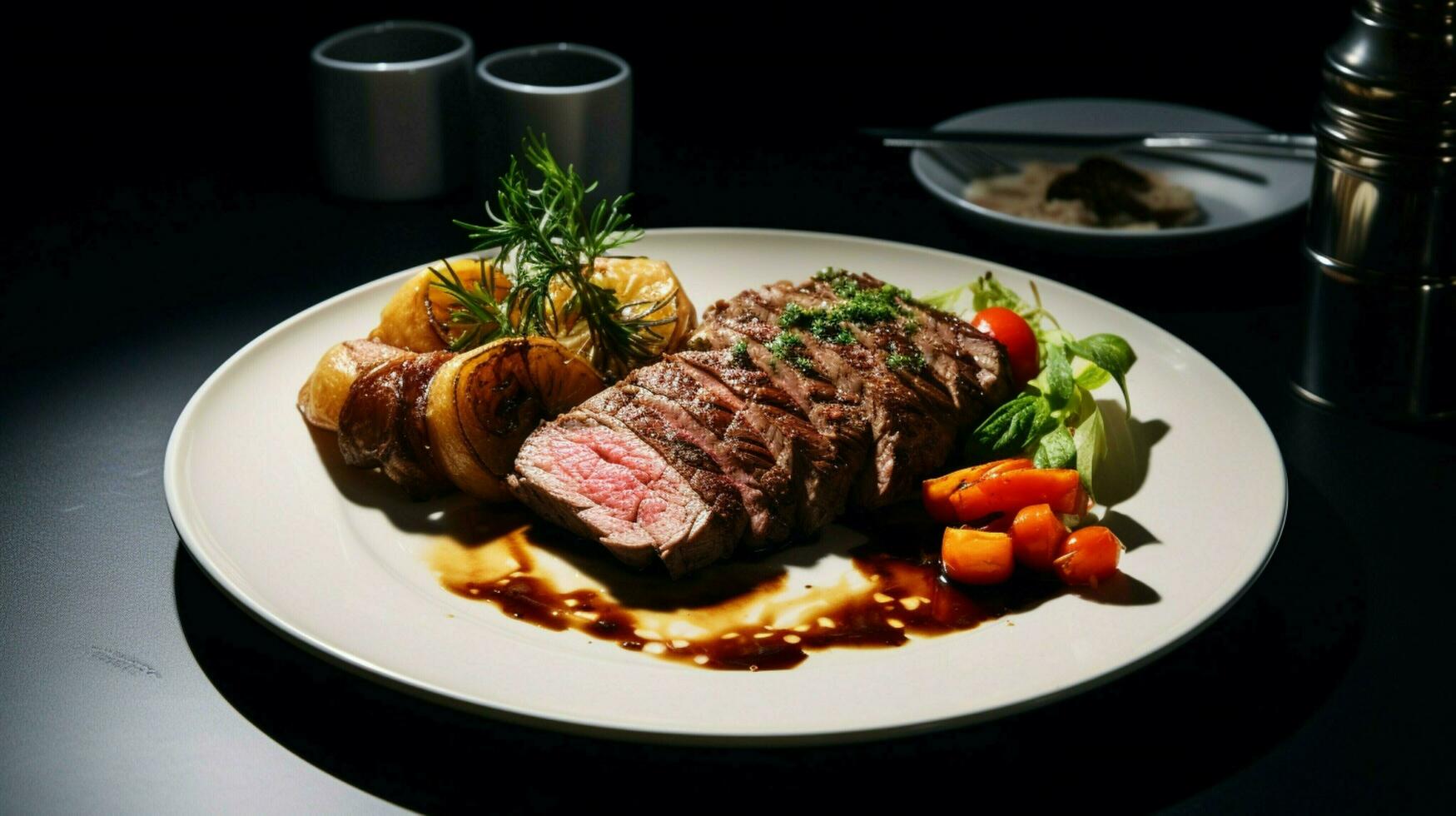 frescor e cozinhou carne em uma prato uma gourmet almoço foto