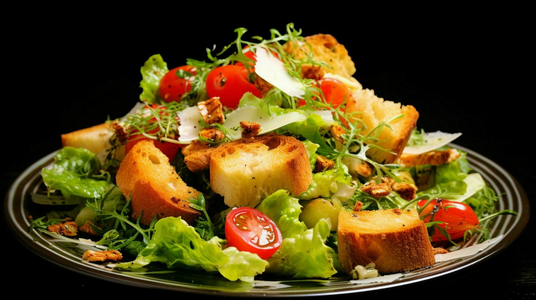 frescor em uma prato gourmet refeição pão salada saudável comer foto