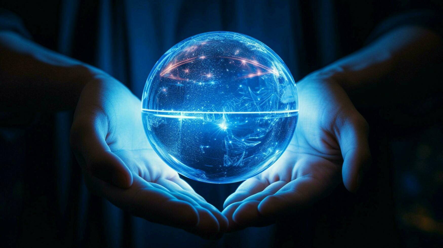 brilhando azul esfera mantido de humano mão foto