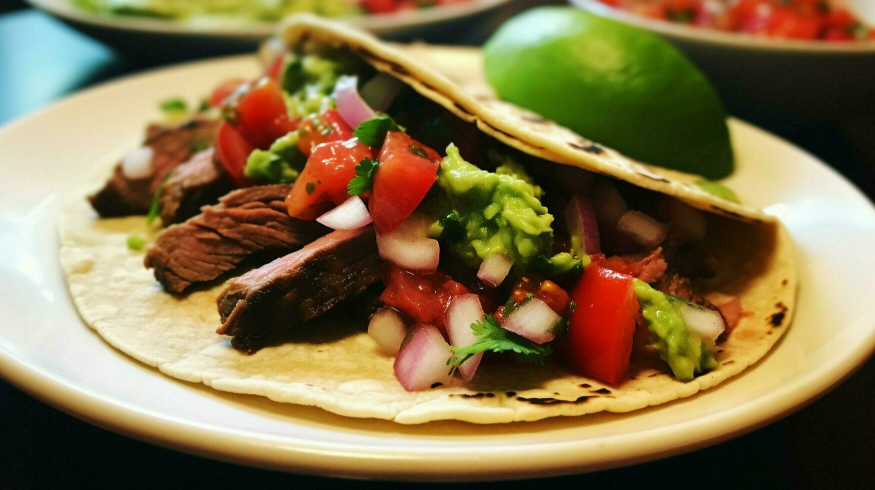 grelhado carne taco com fresco tomate coentro e caseiro foto