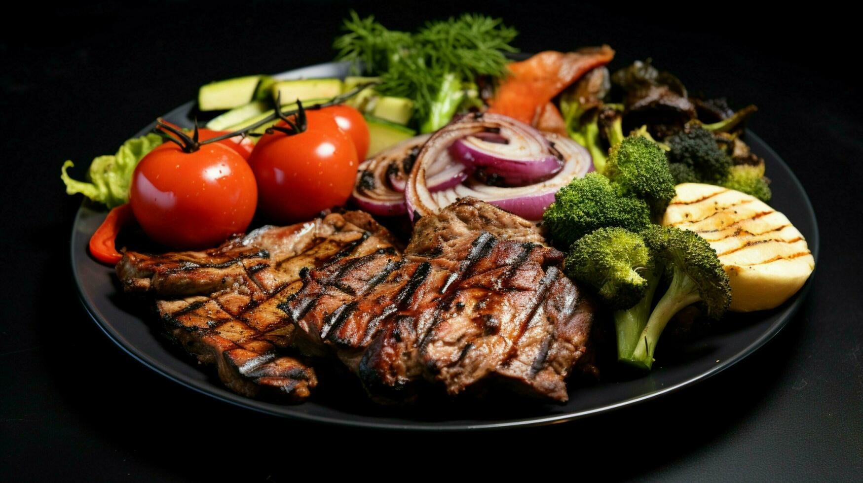 grelhado carne e legumes em uma prato pronto para comer foto