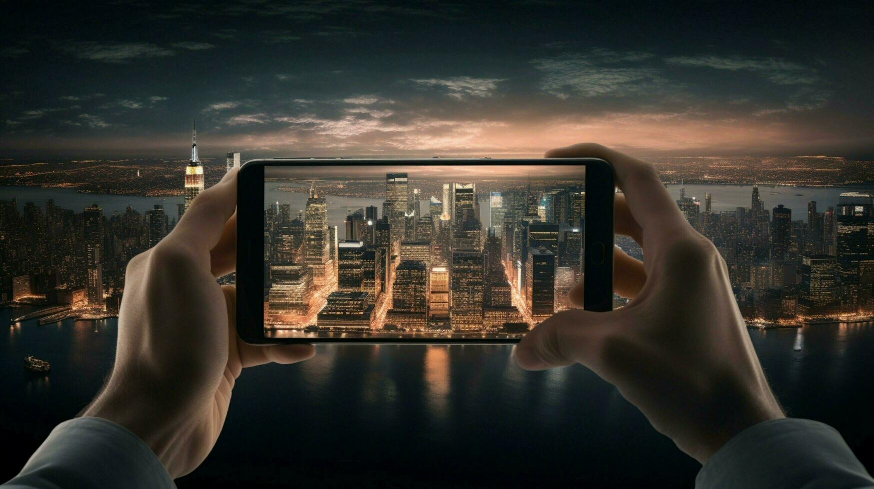 portátil dispositivo captura deslumbrante cidade Horizonte às noite foto