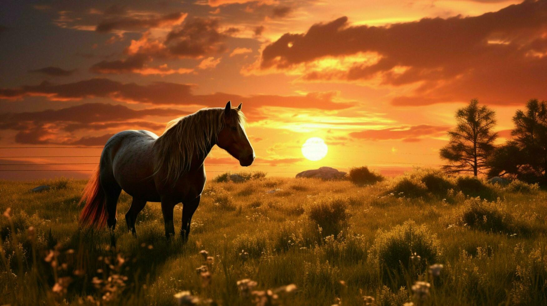 cavalo roça dentro idílico Prado às pôr do sol foto