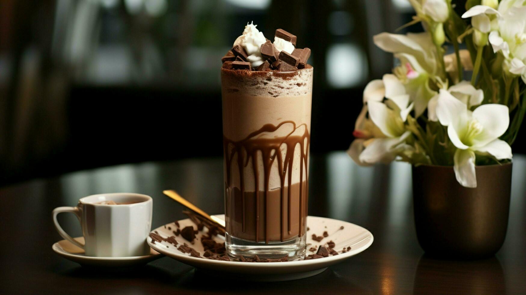 indulgente chocolate milkshake em elegante mesa decoração foto