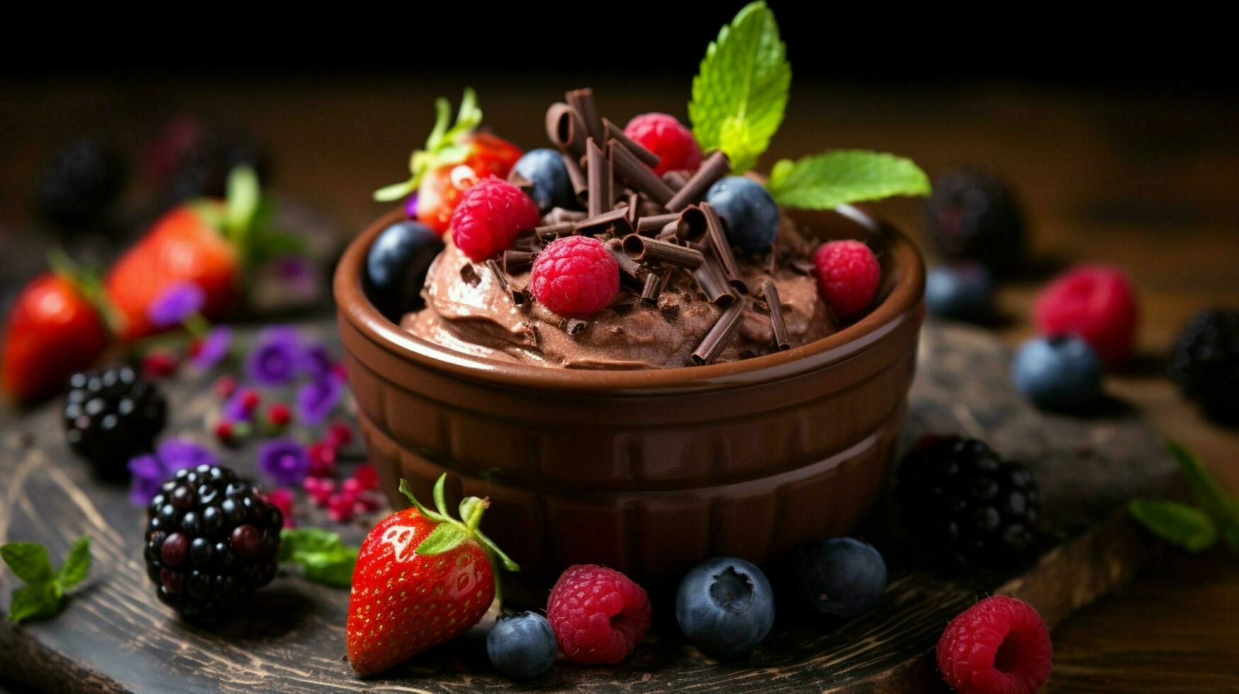 indulgente caseiro chocolate mousse com fresco baga fruta foto