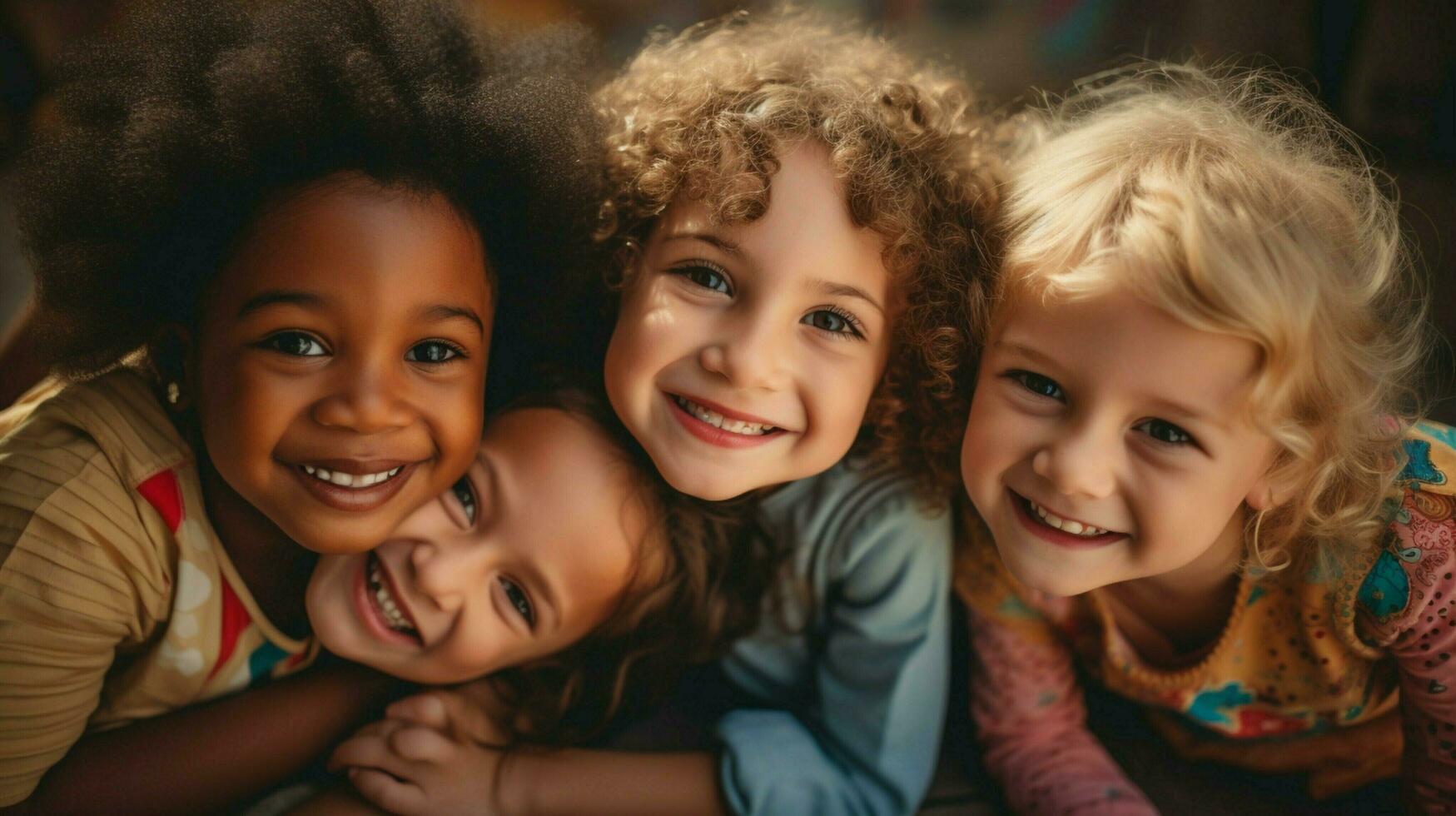 alegre crianças do diferente etnias jogando juntos foto