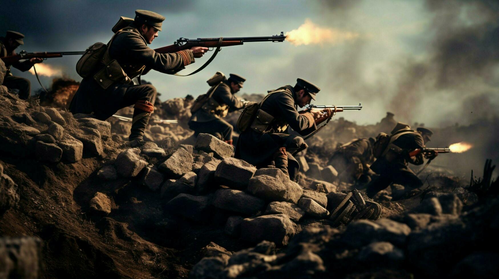 homens dentro uniforme visando rifles em campo de batalha foto