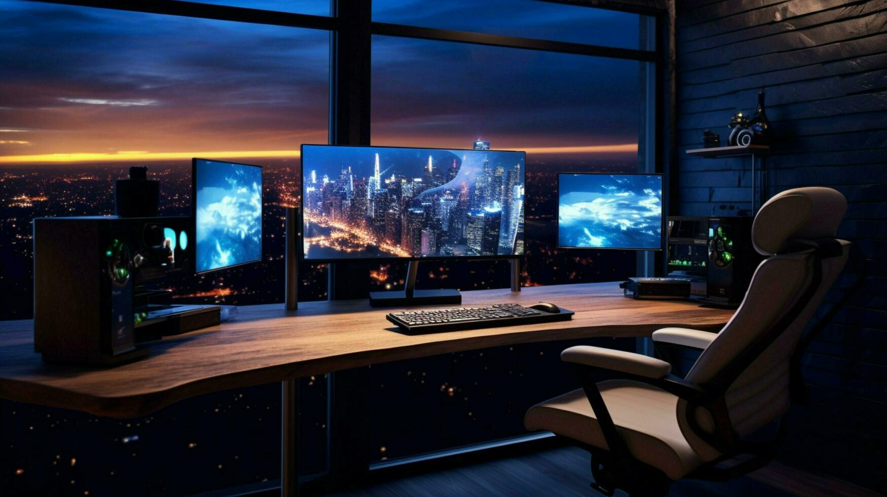 moderno casa escritório com iluminado computador monitor foto