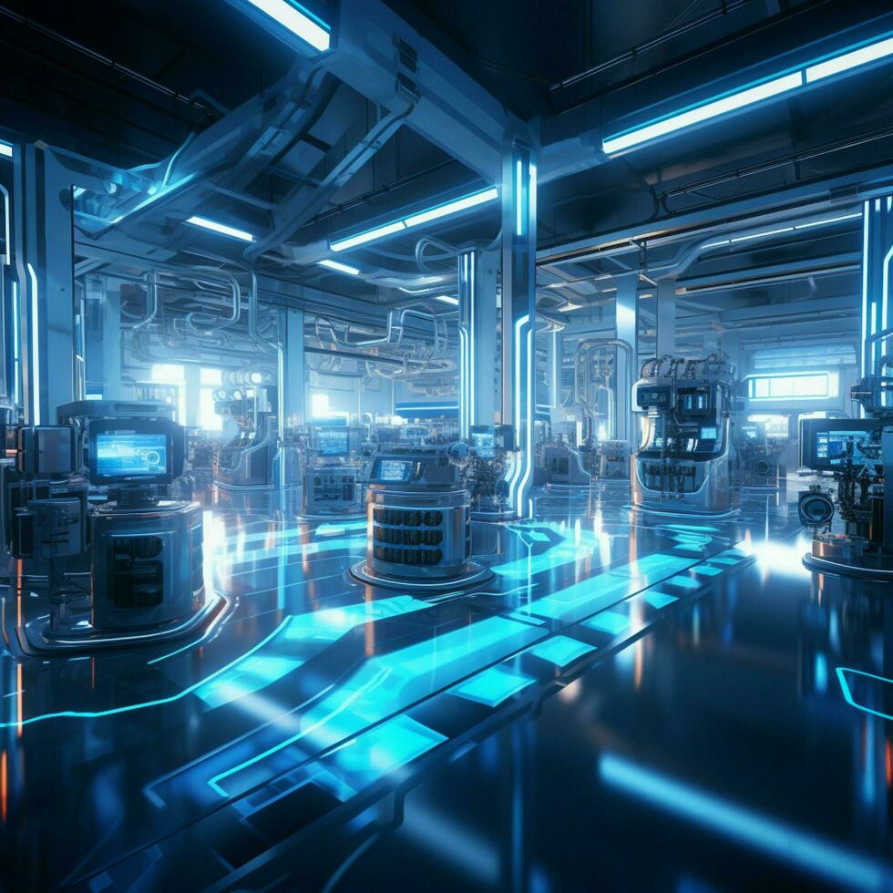 moderno fabricação equipamento dentro uma futurista fábrica foto