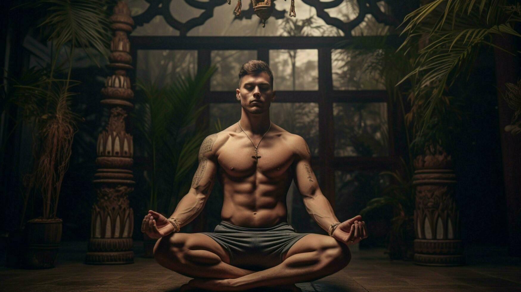 muscular atleta meditando dentro lótus posição dentro de casa foto