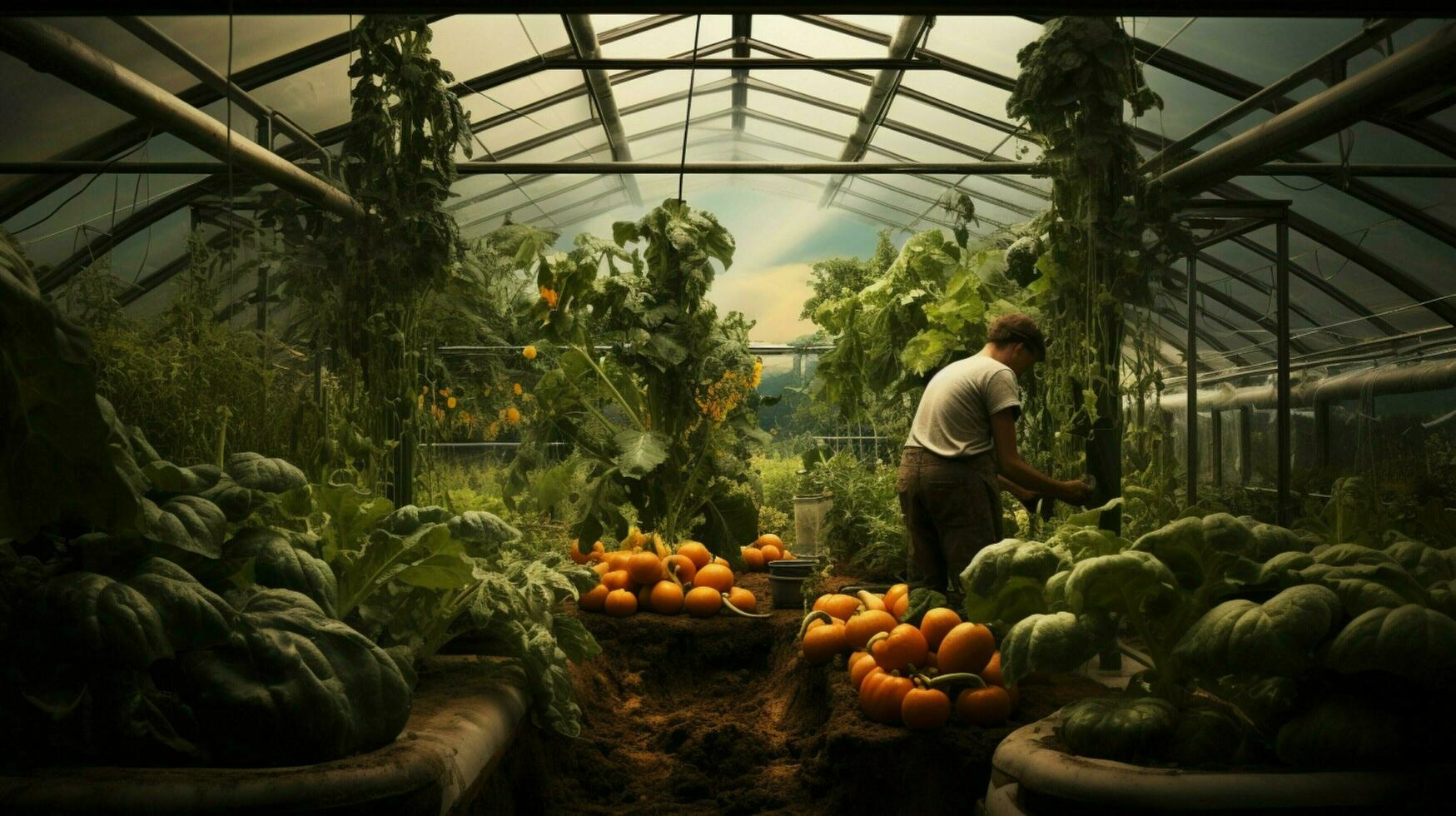 1 homem colheita fresco legumes dentro estufa foto