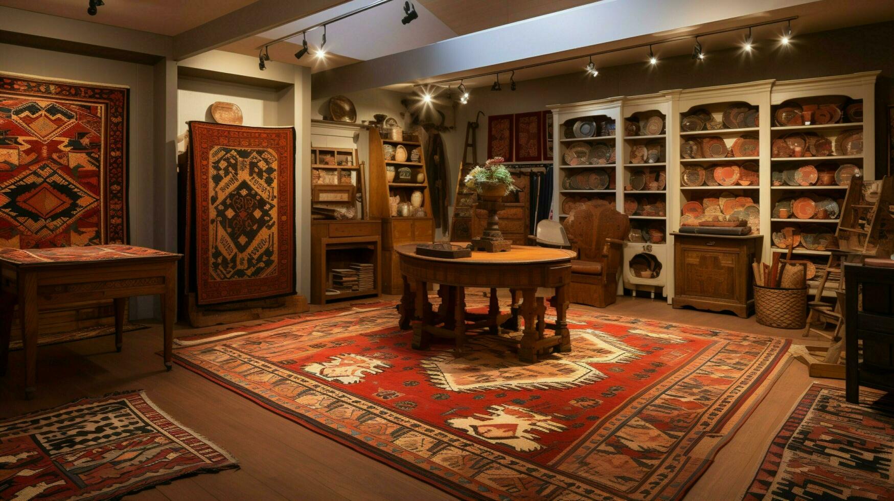 ornamentado kilim tapetes dentro Antiguidade loja coleção foto