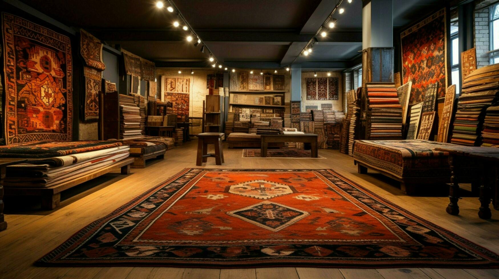 ornamentado kilim tapetes dentro Antiguidade loja coleção foto