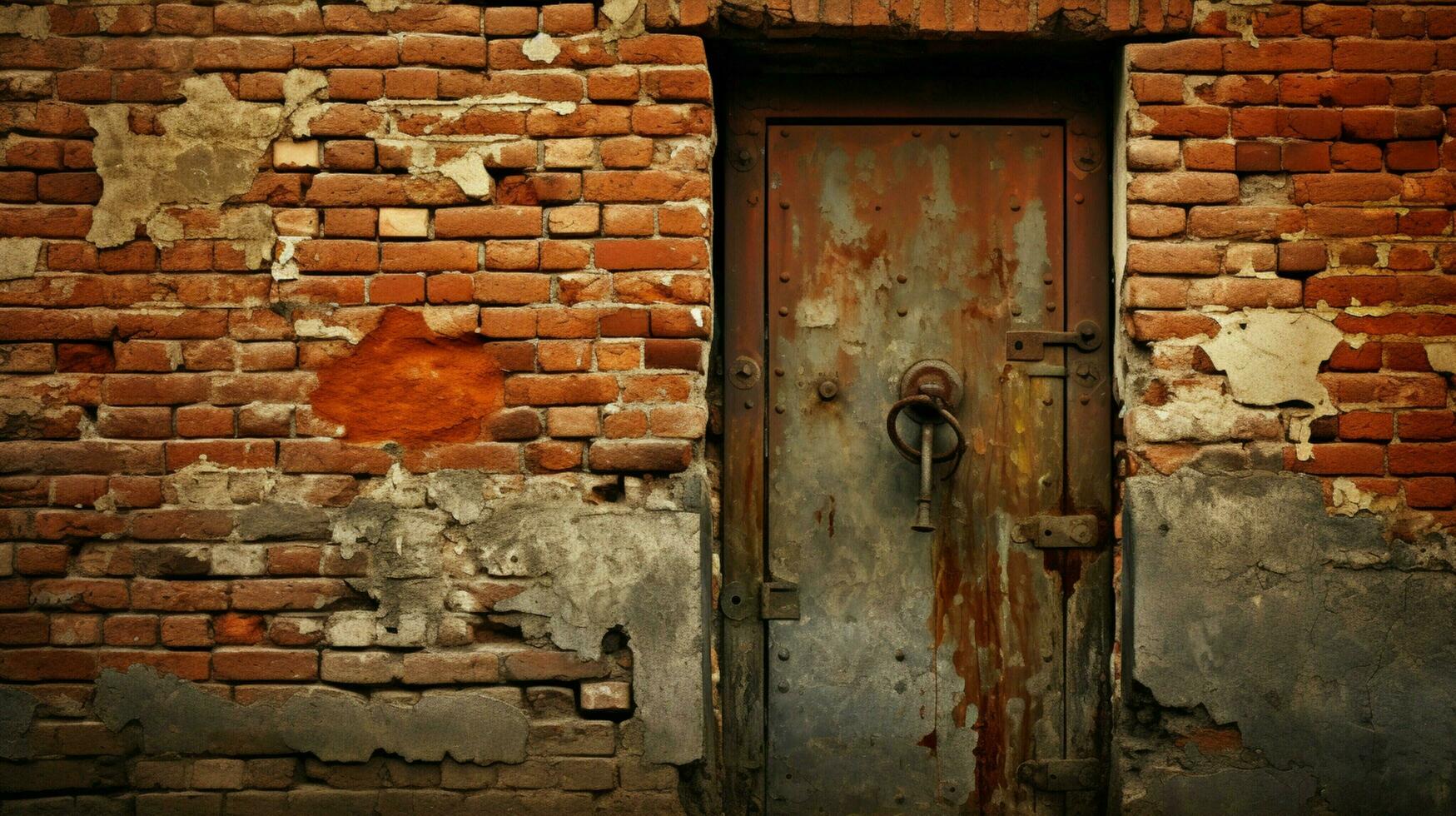 oxidado velho porta com tijolo parede e metal maçaneta foto