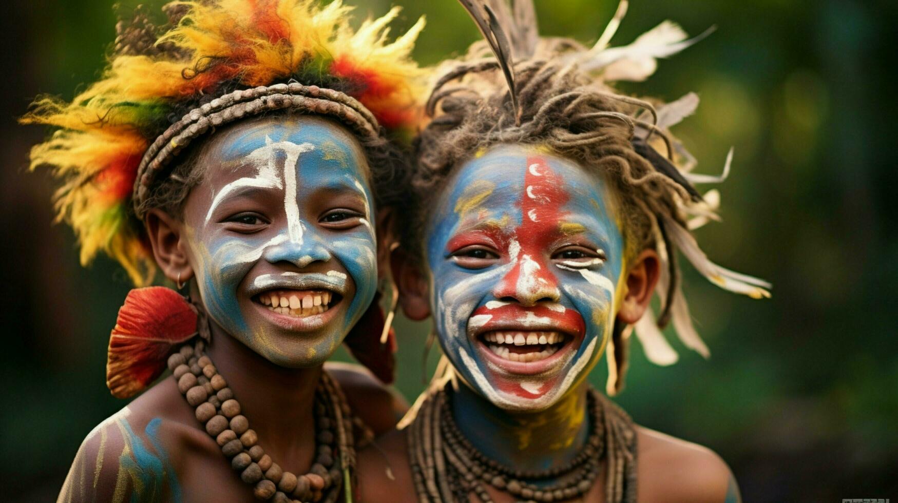 sorridente Rapazes dentro face pintura trazer alegria e felicidade ao ar livre foto