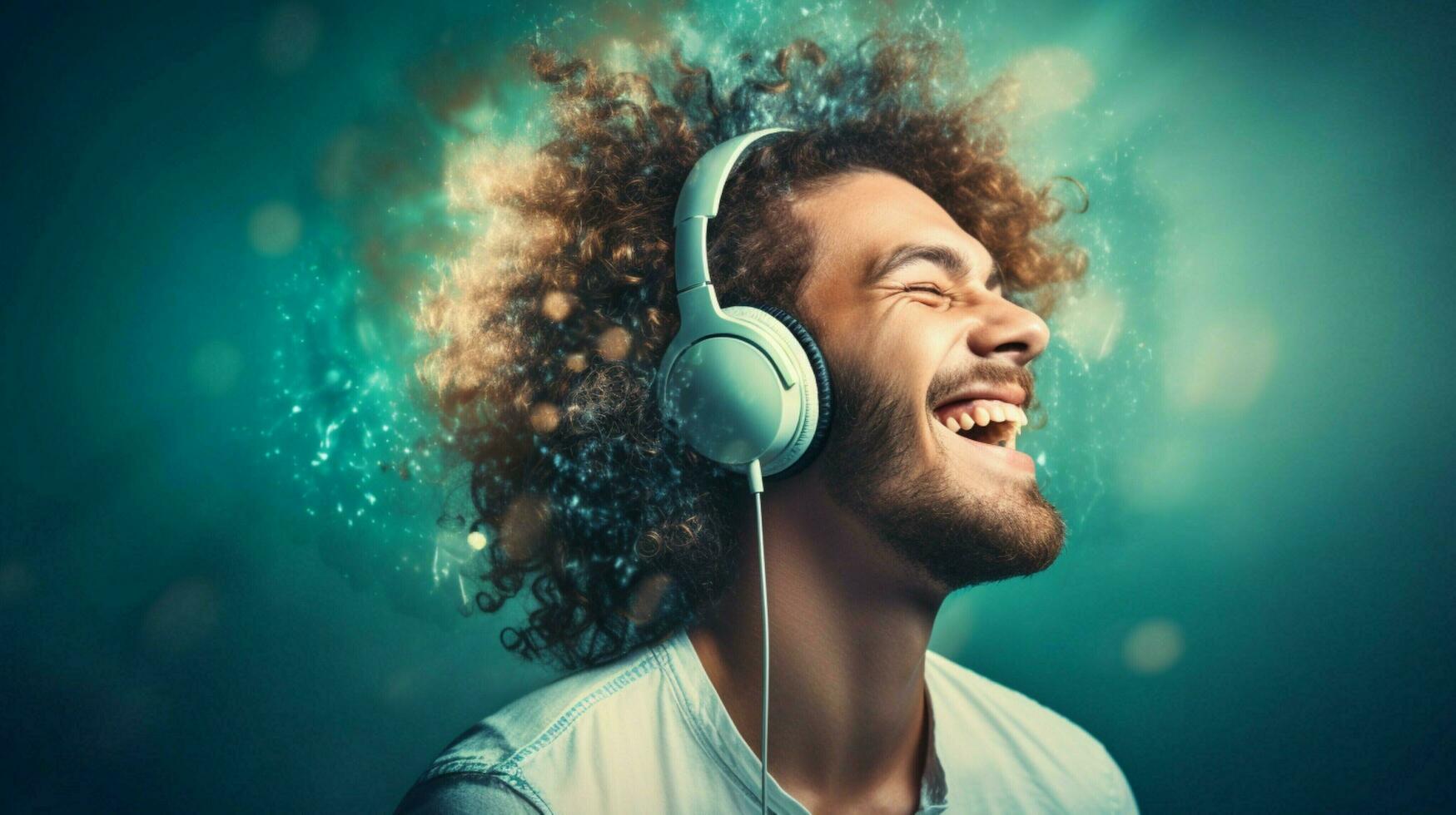 sorridente jovem adulto desfrutando música com fones de ouvido foto